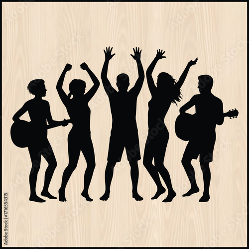 black silhouette of a lively beach party on a pure wooden background