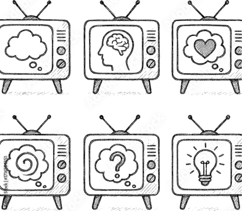 TV screens displaying inner thought vector icons raw pencil style