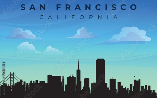 The image shows the skyline of San Francisco, California, against a blue sky with a few clouds. The skyline includes various buildings and the famous Golden Gate Bridge.