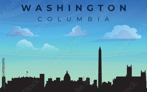 The image shows the skyline of Washington, D.C., against a blue sky with clouds. The skyline includes famous buildings such as the Capitol and the Washington Monument, which create the city's panorama
