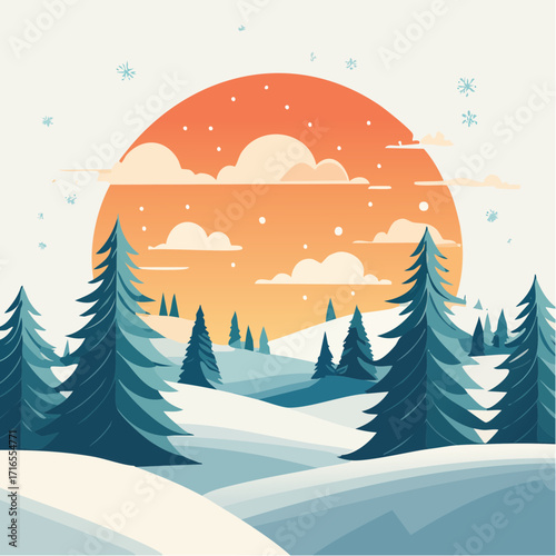 Winter Sunset Landscape Serene Snow-Covered Hills and Pine Trees