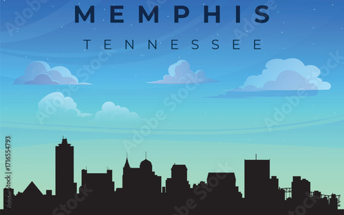 The image shows the skyline of Memphis, Tennessee, against a blue sky with a few clouds. The skyline includes various buildings that make up the cityscape.
