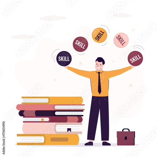 Productivity, education and management skill, multitasking work concept, skillful businessman juggling many balls or tasks. Various books. Skills improvement,