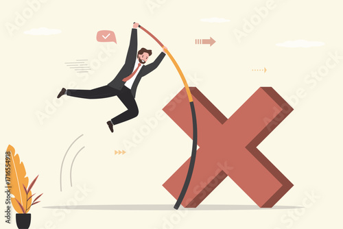 Confident businessman pole vault and trying to jump through big cross sign. Business man learning from mistake for career growth, overcoming failure to become the best