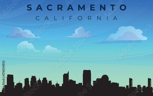 silhouette of the city of Sacramento with the inscription “SACRAMENTO CALIFORNIA” at the top. Against the backdrop of a blue sky with fluffy white clouds