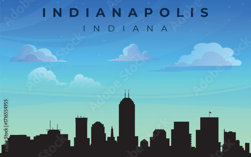 silhouette of the city of Indianapolis with the inscription “INDIANAPOLIS INDIANA” at the top. Against the backdrop of a blue sky with fluffy white clouds