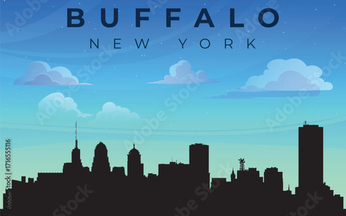 A stylized silhouette of the city of Buffalo with the inscription “BUFFALO NEW YORK” at the top. Against the backdrop of a blue sky with fluffy white clouds, the outline of skyscrapers forming the cit