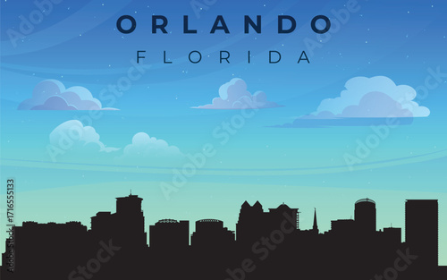 A stylized silhouette of the city of Orlando with the inscription “ORLANDO FLORIDA” at the top. Against the backdrop of a blue sky with fluffy white clouds, the outline of skyscrapers forming the city