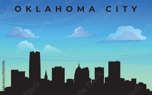 A stylized silhouette of Oklahoma City with the words “OKLAHOMA CITY” at the top. Against a blue sky with fluffy white clouds, the outline of skyscrapers forming the city skyline is depicted.