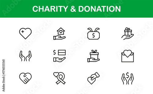 Charity and Donation Icon Set Featuring Fundraising, Giving, Helping Hands, and Support Symbols in Vector Style