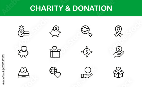 Charity and Donation Icon Set Featuring Fundraising, Giving, Helping Hands, and Support Symbols in Vector Style