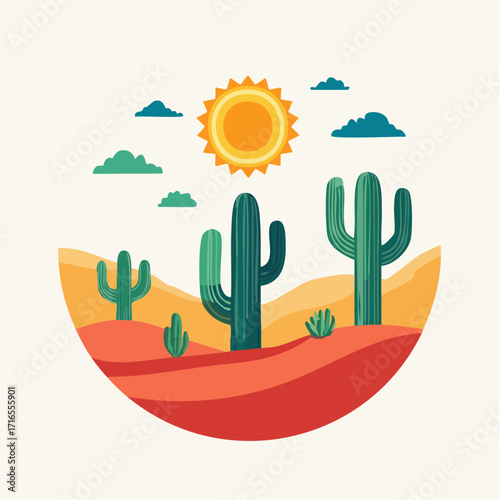 Stylized circular illustration capturing a vibrant desert scene with iconic saguaro cacti, rolling sand dunes, and a bright sun