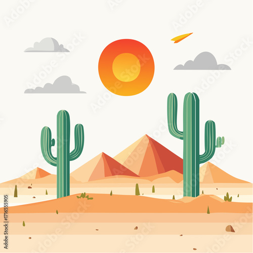 Vibrant flat design desert landscape illustration with cactuses, mountains, a radiant sun, and a playful paper airplane. Serene minimalist digital backdrop