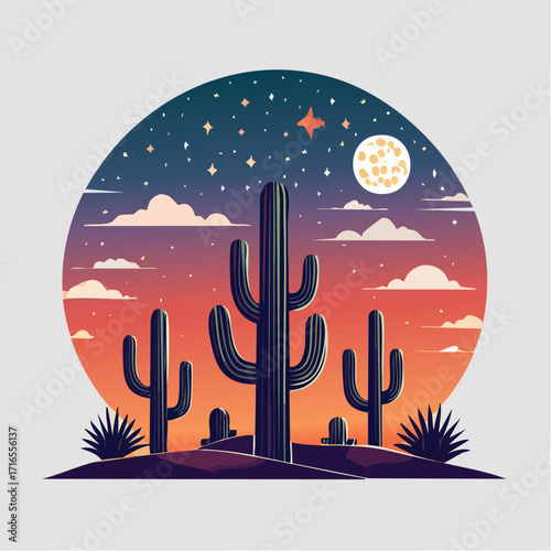 Vector art concept of a Southwestern desert landscape at night, featuring tall saguaro cacti under a celestial sky with a full moon and stars