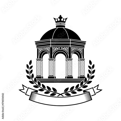 Neoclassical Rotunda Dome Pavilion Crest with Crown Laurel Wreath Vector Emblem for T Shirt Printing