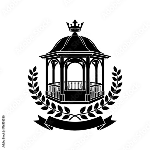 Hexagonal Garden Gazebo Pavilion Badge with Crown Laurel Wreath Vector Emblem T Shirt Printing Design