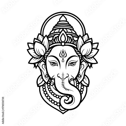 Ornate Ganesha Head with Lotus Vector Hindu Deity Line Art Spiritual Illustration T Shirt Design