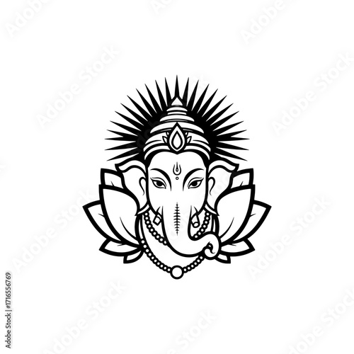 Ganesha Head with Lotus and Radiant Halo Vector Hindu Deity Line Art Spiritual T Shirt Design