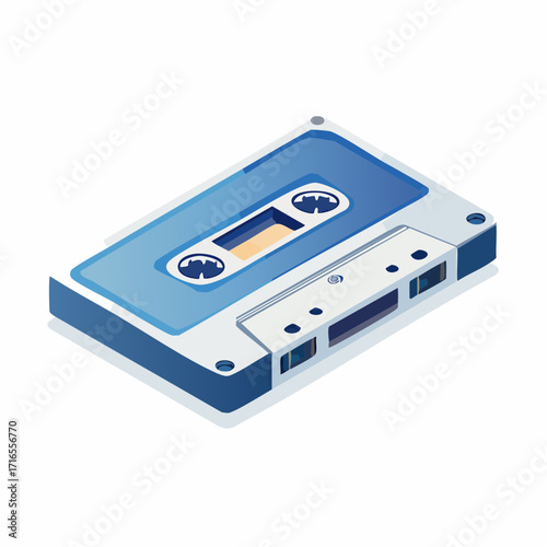 Classic blue audio cassette tape illustration with a nostalgic feel. Retro music and sound recording media from the vintage era, isolated on white