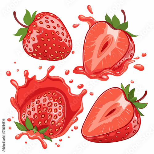 Juicy Strawberry Set with Slices and Splash Effect - Vector Illustration
