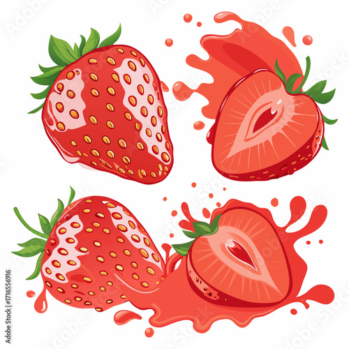 Juicy Strawberry Set with Slices and Splash Effect - Vector Illustration