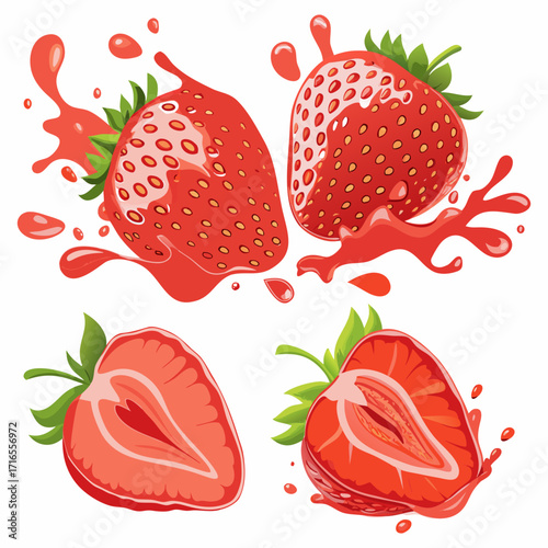 Juicy Strawberry Set with Slices and Splash Effect - Vector Illustration