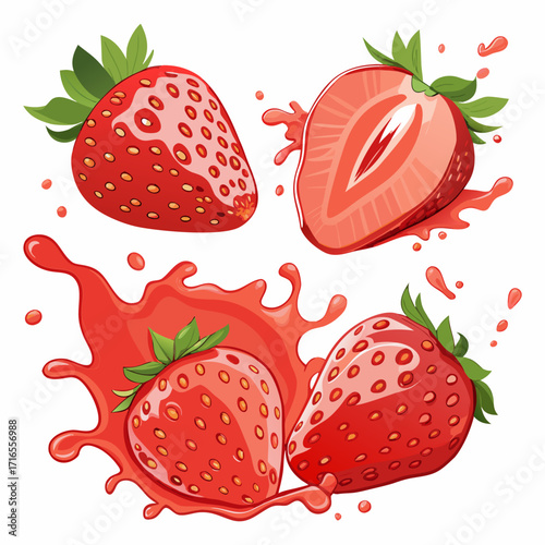 Juicy Strawberry Set with Slices and Splash Effect - Vector Illustration