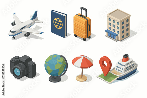 a collection of 3d icons related to travel and tourism.