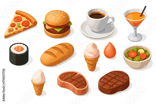 a collection of 3d icons related to food and drink. 