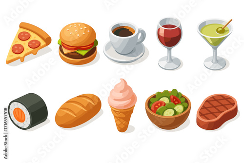 a collection of 3d icons related to food and drink. 