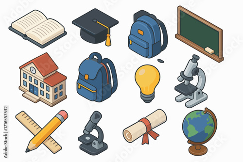 A set of 3D icons related to education and learning.