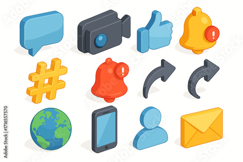a set of 3D icons related to social networks and digital communication