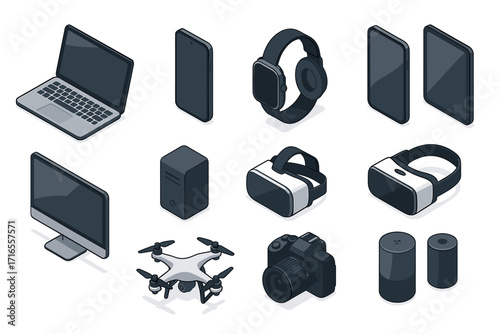 A set of 3D icons related to technology and electronic devices.