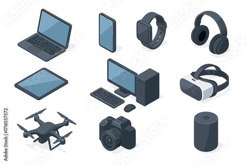 A set of 3D icons related to technology and electronic devices.