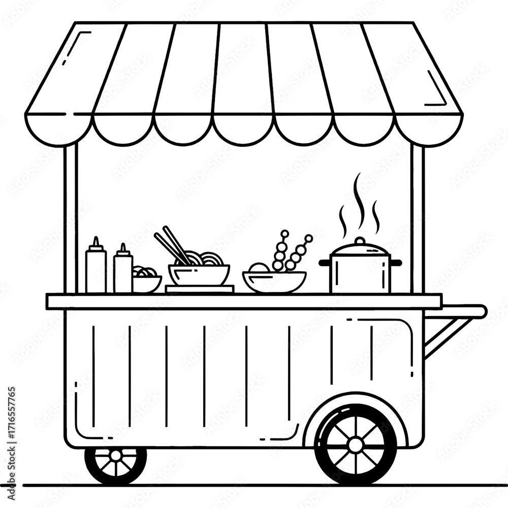 Obraz premium Vector line drawing of an Asian food cart vendor stall, illustrating street food culture with noodles and skewers