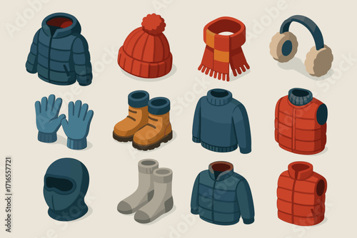 A set of 3D isometric icons thematically related to winter clothing.