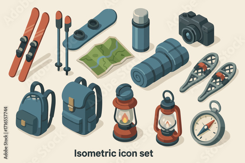 A set of 3D isometric icons thematically related to winter hiking and outdoor activities. 