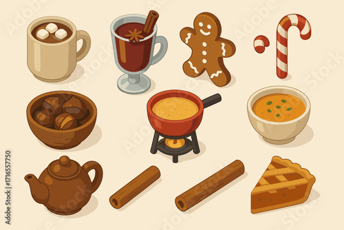 A set of isometric icons of winter or holiday dishes and drinks.