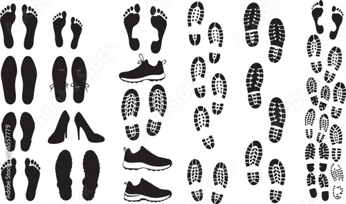 Footprints and Shoeprints Collection | Black and White Vector Illustration of Human Tracks for Trails, Crime Scenes, and Tracking