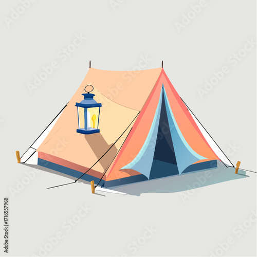 Illustration of a classic canvas tent with a lantern hanging from a pole, set against a neutral background