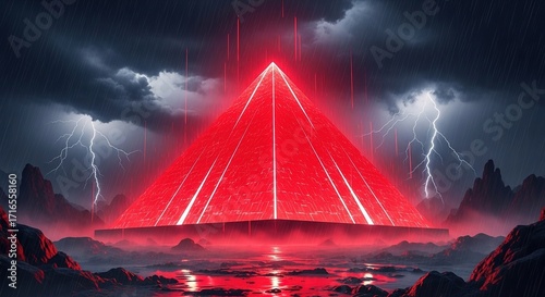 Illuminated Red Pyramid Amidst Stormy Skies and Lightning Strike