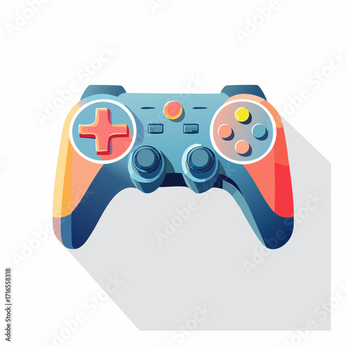 Colorful video game controller illustration with a long shadow effect. Modern flat design gamepad for digital entertainment and esports