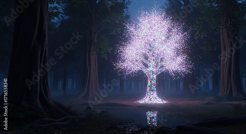 Illuminated Tree of Pixels Reflecting in Forest Pool at Twilight