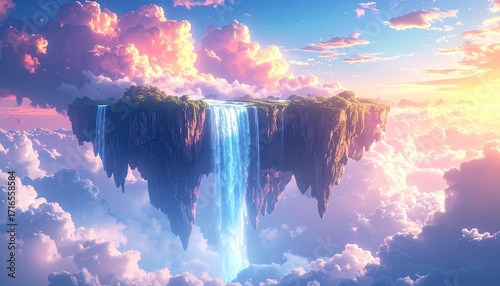 Floating Island With Waterfall in Sunset Sky