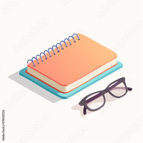 Flat lay of a spiral-bound notebook and eyeglasses in a top-down isometric view, perfect for educational or organizational concepts