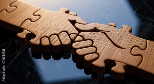 Interlocking Wooden Handshake Puzzle Pieces on Reflective Surfac