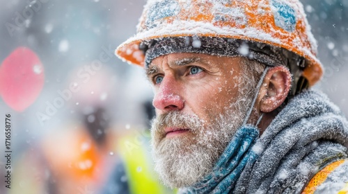 Wallpaper Mural Winter construction worker braving snow and cold while focused on his task in a bustling city environment Torontodigital.ca