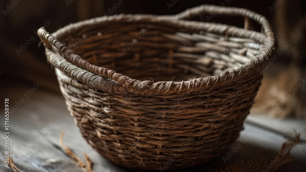 Obraz premium Rustic woven basket on aged wood surface creates warm, inviting feeling for home decor projects