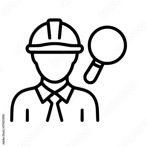 Outline icon of engineer with hard hat and magnifying glass
