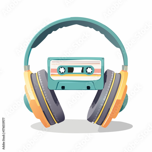 Creative composition of a retro audio cassette tape positioned inside a pair of colorful vintage headphones on a white background